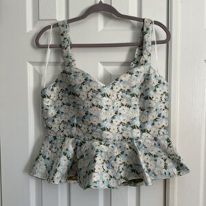 Floral Peplum Tank Top - Light Blue & White